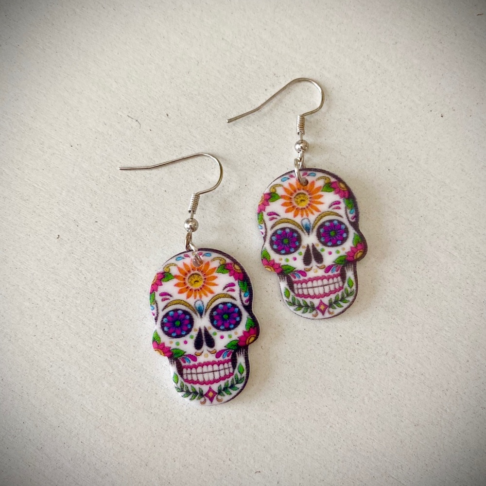 Bright and Colorful Sugar Skull Dangle Earrings